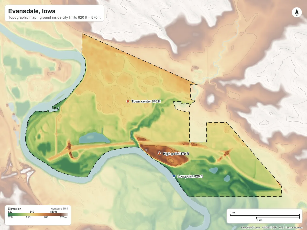 Topographic elevation map of Evansdale, Iowa, shaded from 820 ft on the southeast side to 870 ft on the southeast side