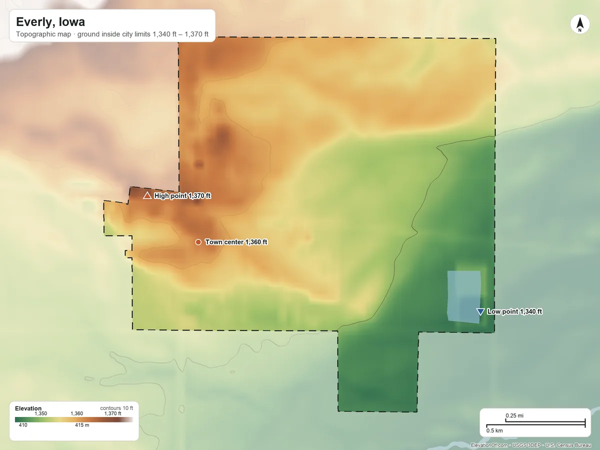 Topographic elevation map of Everly, Iowa, shaded from 1,340 ft on the east side to 1,370 ft on the northwest side