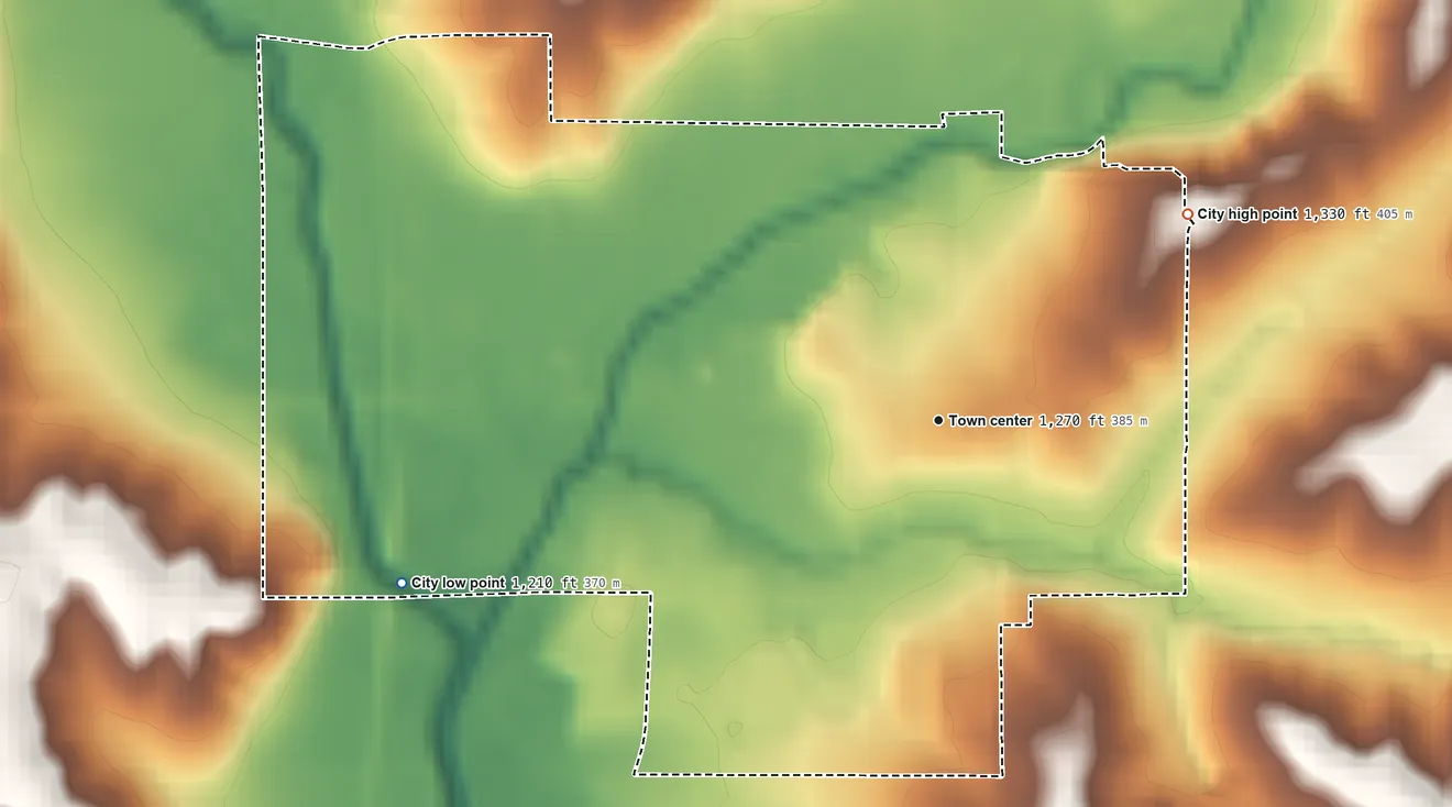 Topographic elevation map of Exira, Iowa, shaded from 1,210 ft on the west side to 1,330 ft on the northeast side