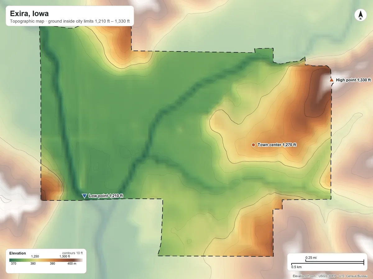 Topographic elevation map of Exira, Iowa, shaded from 1,210 ft on the west side to 1,330 ft on the northeast side