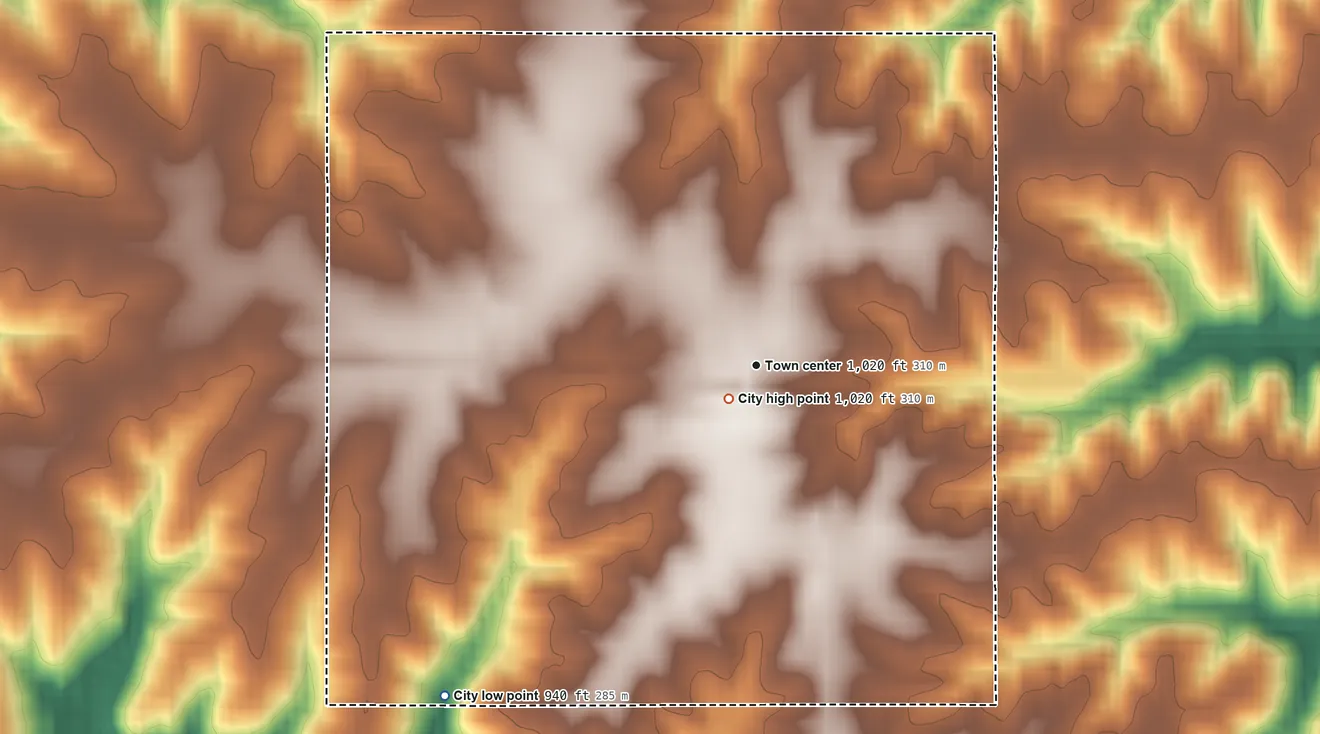 Topographic elevation map of Exline, Iowa, shaded from 940 ft on the southwest side to 1,020 ft near the middle