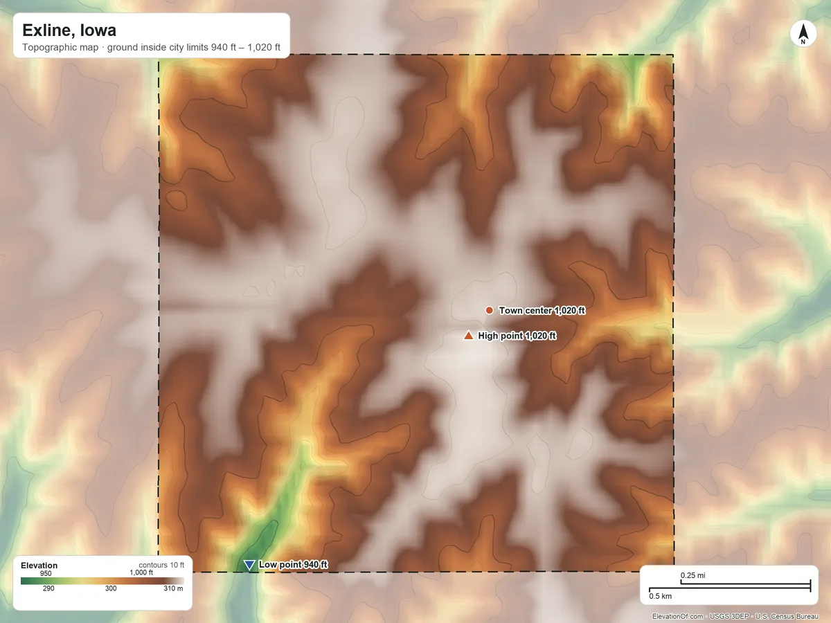 Topographic elevation map of Exline, Iowa, shaded from 940 ft on the southwest side to 1,020 ft near the middle