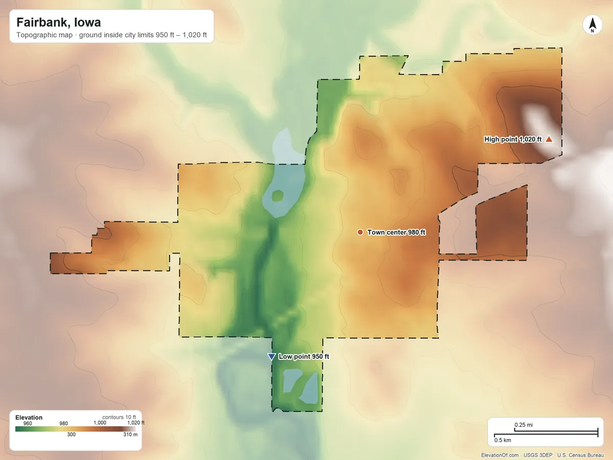 Topographic elevation map of Fairbank, Iowa, shaded from 950 ft on the southwest side to 1,020 ft on the northeast side