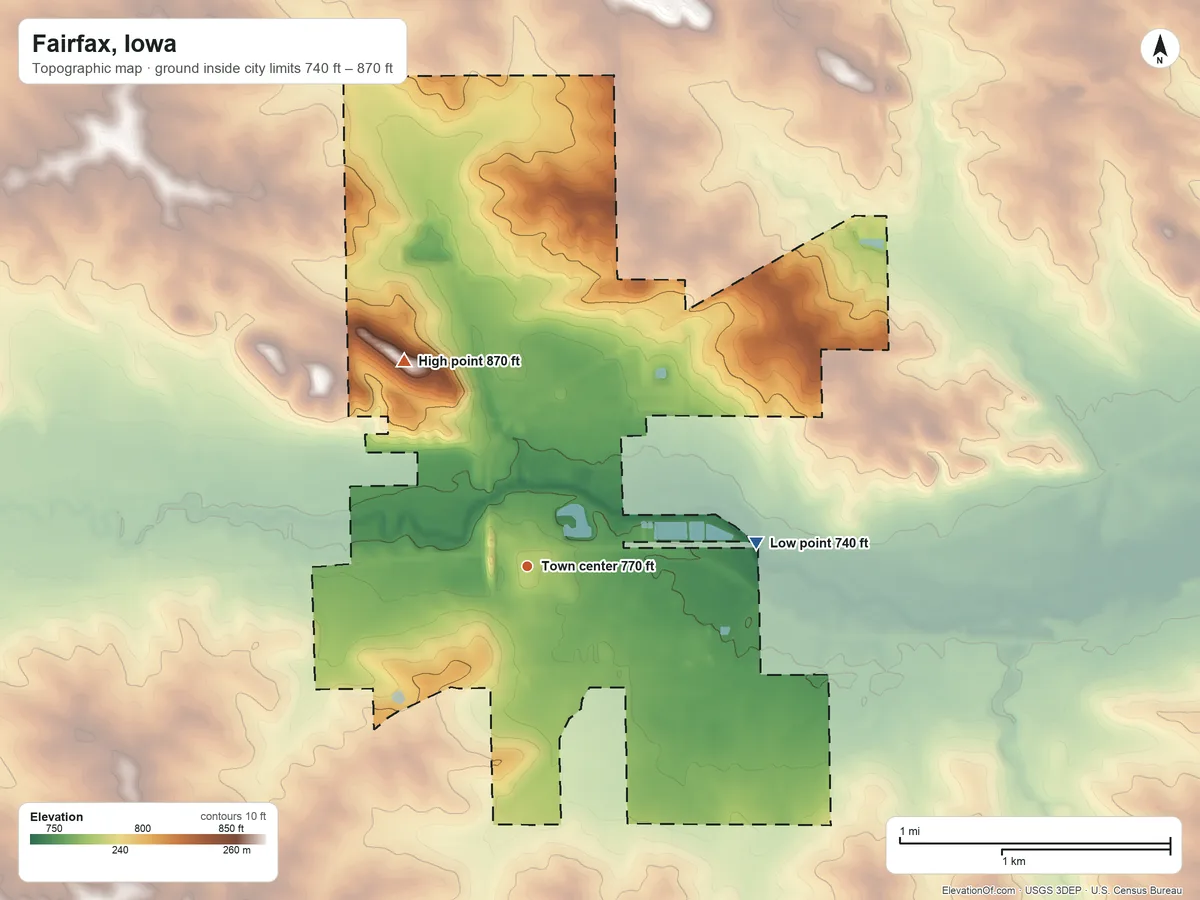 Topographic elevation map of Fairfax, Iowa, shaded from 740 ft on the east side to 870 ft on the northwest side