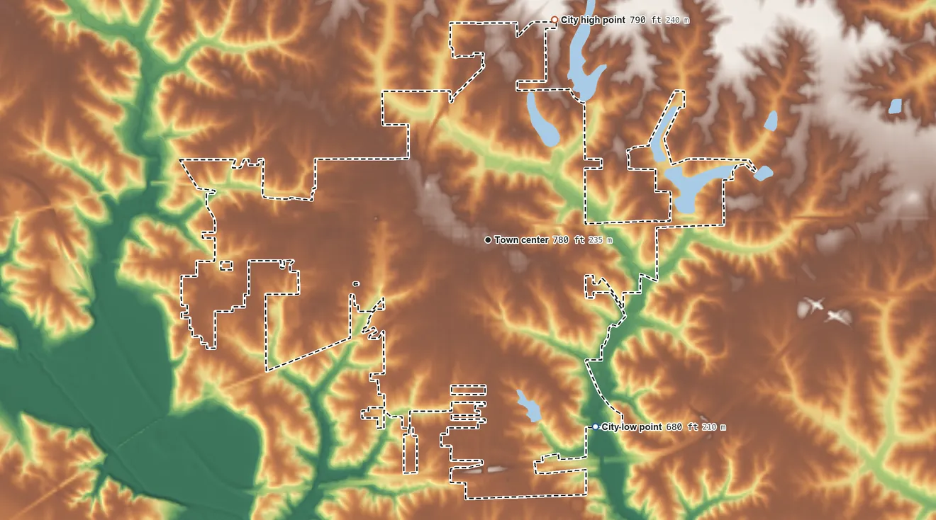 Topographic elevation map of Fairfield, Iowa, shaded from 680 ft on the southeast side to 790 ft on the north side