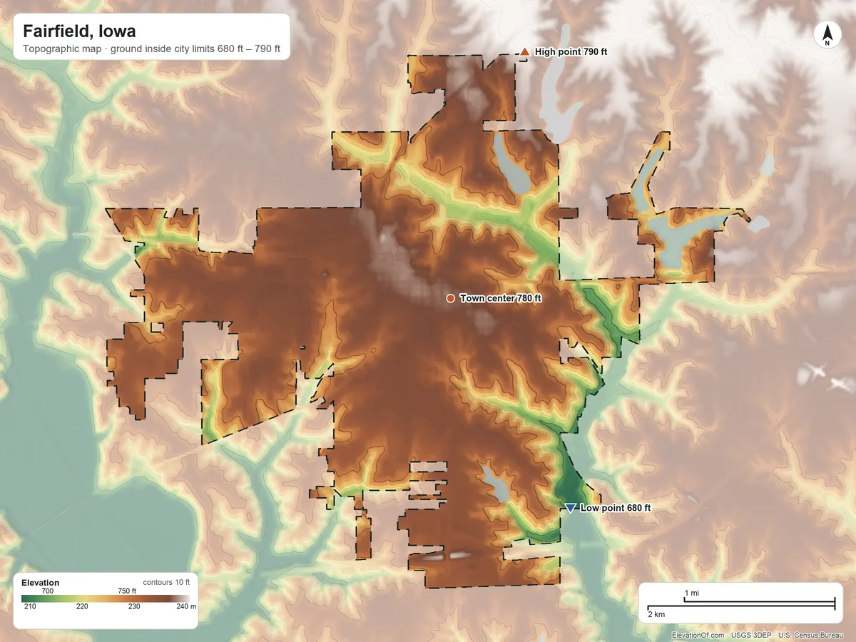 Topographic elevation map of Fairfield, Iowa, shaded from 680 ft on the southeast side to 790 ft on the north side