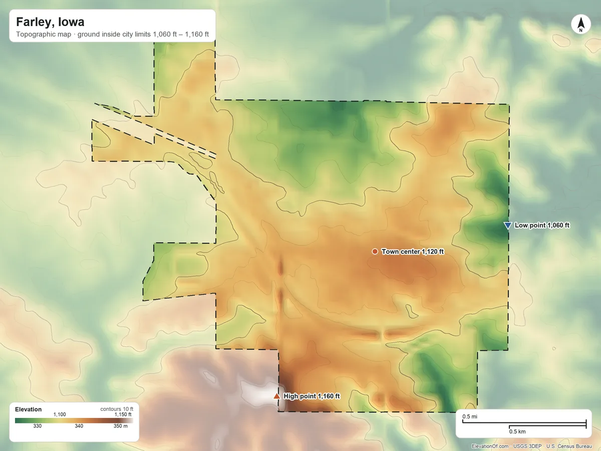 Topographic elevation map of Farley, Iowa, shaded from 1,060 ft on the east side to 1,160 ft on the southwest side