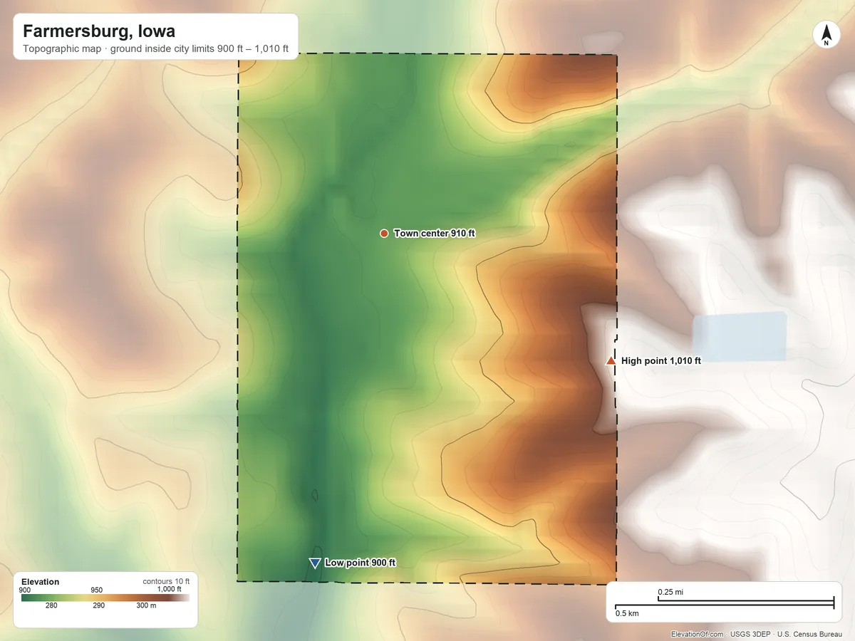 Topographic elevation map of Farmersburg, Iowa, shaded from 900 ft on the south side to 1,010 ft on the southeast side
