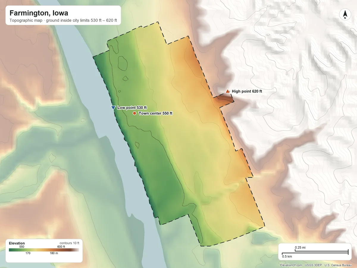 Topographic elevation map of Farmington, Iowa, shaded from 530 ft near the middle to 620 ft on the east side