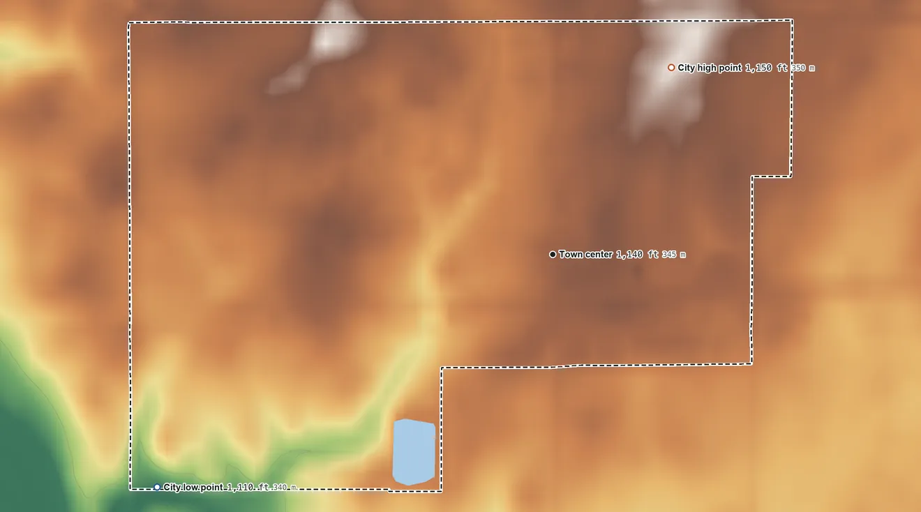 Topographic elevation map of Farnhamville, Iowa, shaded from 1,110 ft on the southwest side to 1,150 ft on the northeast side
