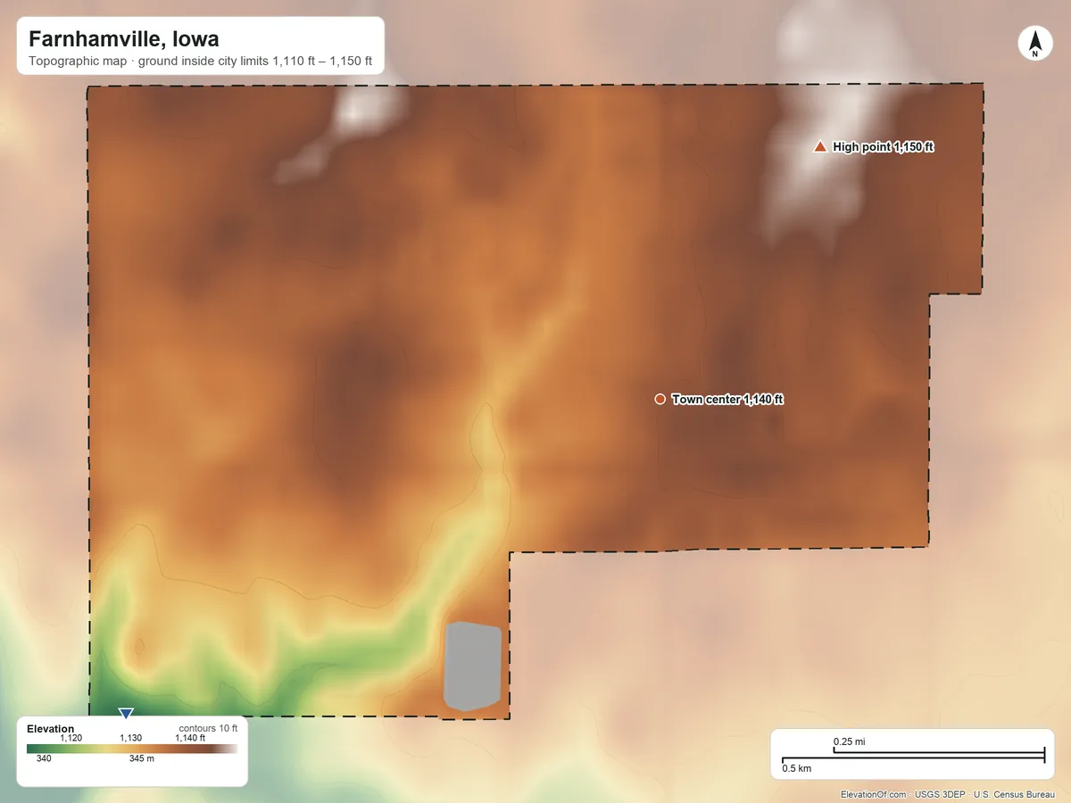 Topographic elevation map of Farnhamville, Iowa, shaded from 1,110 ft on the southwest side to 1,150 ft on the northeast side