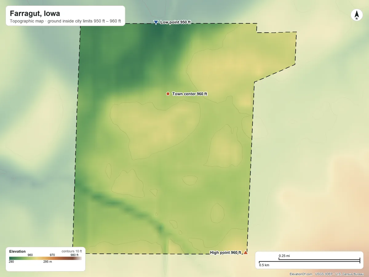 Topographic elevation map of Farragut, Iowa, shaded from 950 ft on the north side to 960 ft on the southeast side