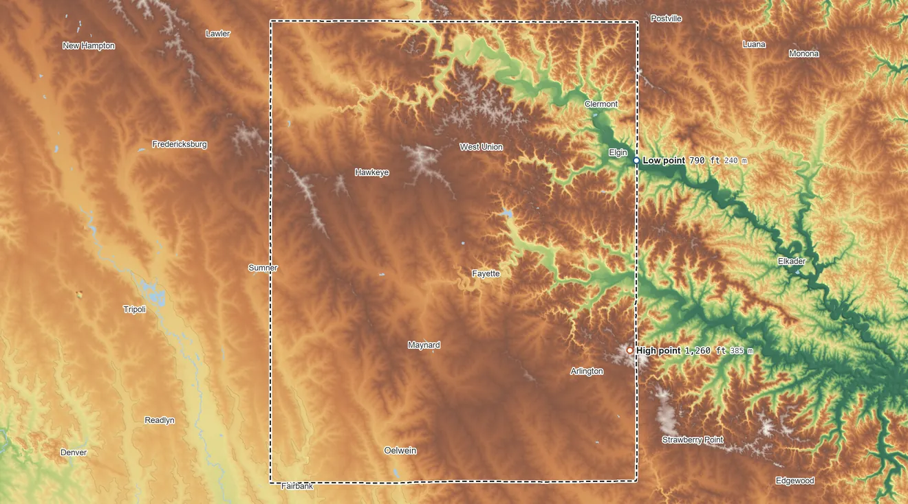 Topographic elevation map of Fayette County, Iowa, shaded from 790 ft on the northeast side to 1,260 ft on the southeast side
