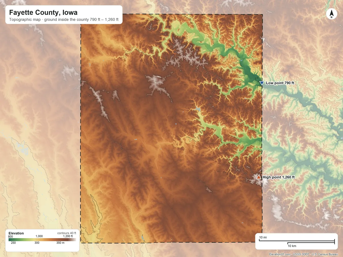 Topographic elevation map of Fayette County, Iowa, shaded from 790 ft on the northeast side to 1,260 ft on the southeast side
