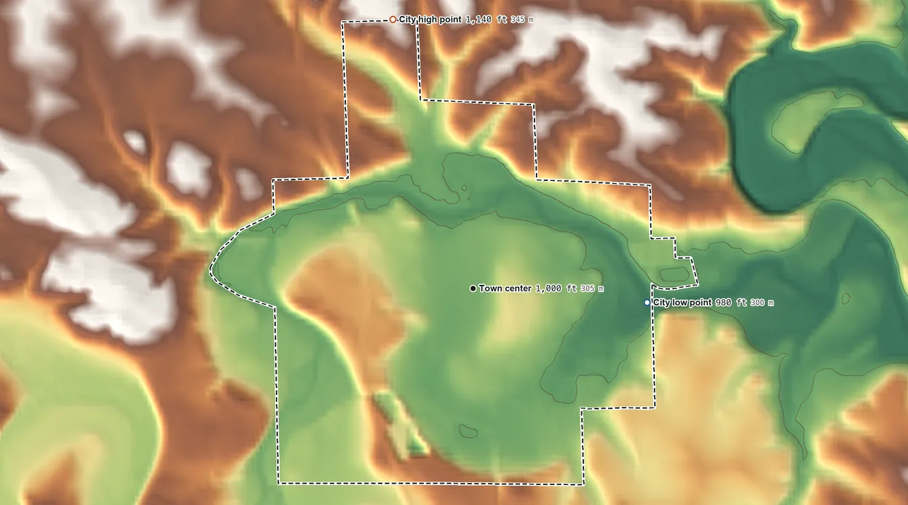 Topographic elevation map of Fayette, Iowa, shaded from 980 ft on the east side to 1,140 ft on the north side