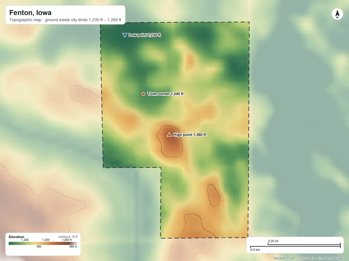 Topographic elevation map of Fenton, Iowa, shaded from 1,230 ft on the north side to 1,260 ft on the southeast side