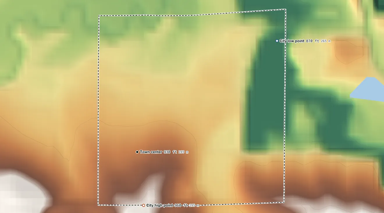 Topographic elevation map of Ferguson, Iowa, shaded from 870 ft on the northeast side to 960 ft on the south side