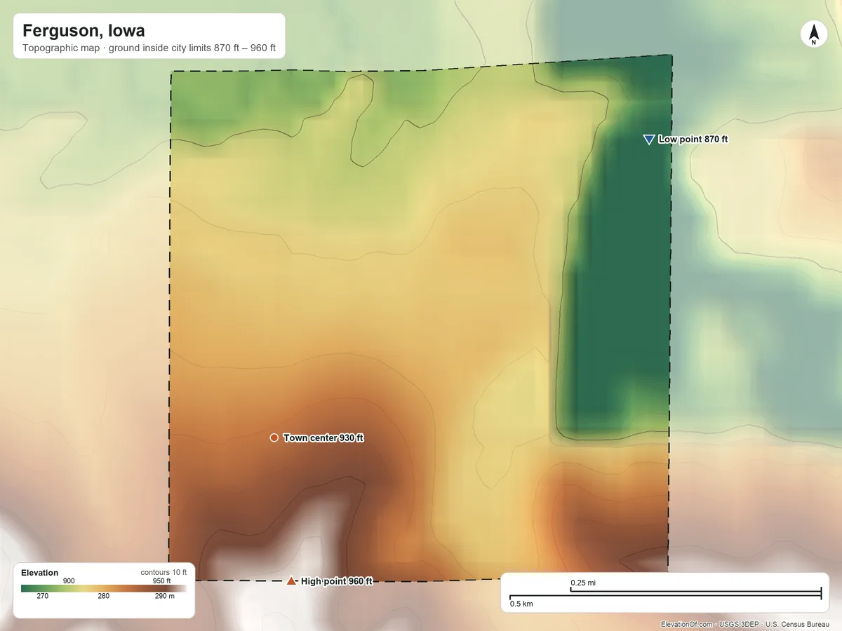 Topographic elevation map of Ferguson, Iowa, shaded from 870 ft on the northeast side to 960 ft on the south side