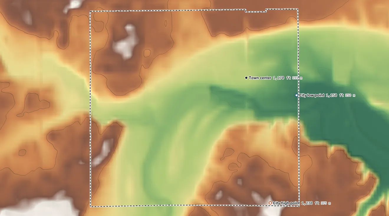 Topographic elevation map of Fertile, Iowa, shaded from 1,150 ft on the east side to 1,230 ft on the south side