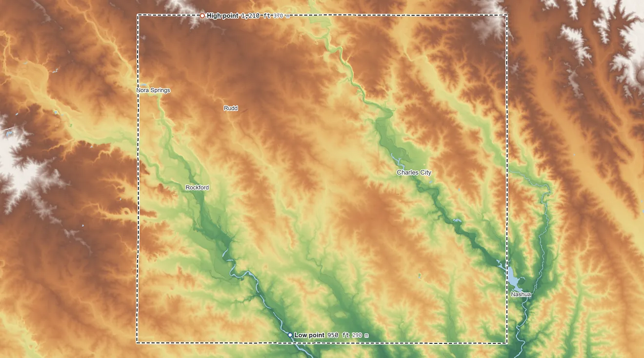 Topographic elevation map of Floyd County, Iowa, shaded from 950 ft on the south side to 1,210 ft on the northwest side