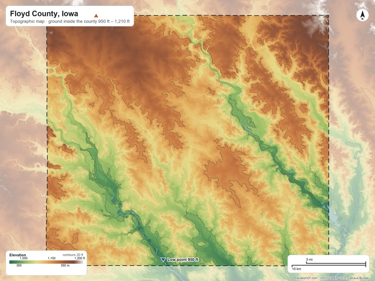 Topographic elevation map of Floyd County, Iowa, shaded from 950 ft on the south side to 1,210 ft on the northwest side