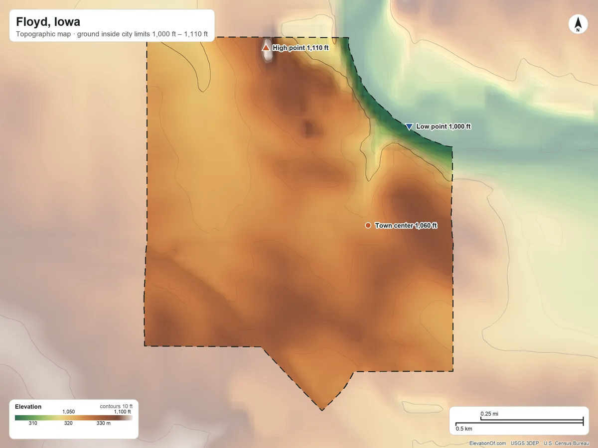 Topographic elevation map of Floyd, Iowa, shaded from 1,000 ft on the northeast side to 1,110 ft on the northwest side