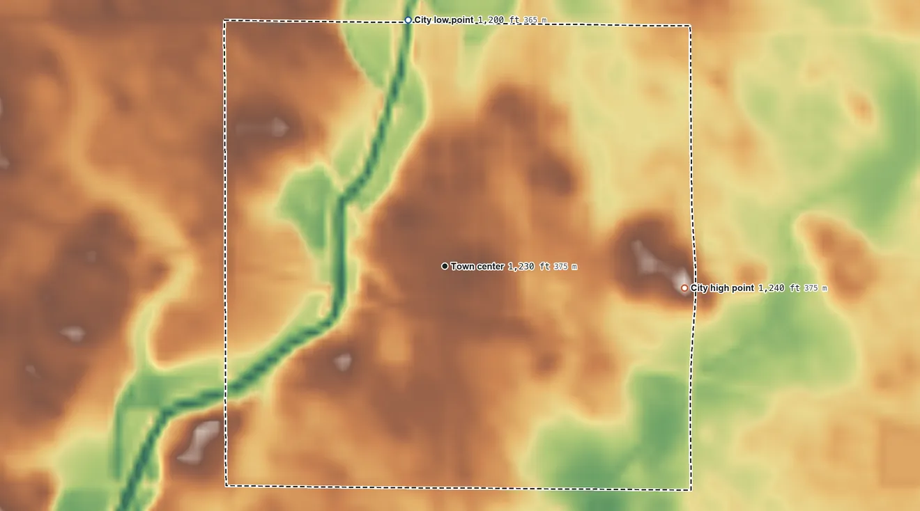 Topographic elevation map of Fonda, Iowa, shaded from 1,200 ft on the north side to 1,240 ft on the east side