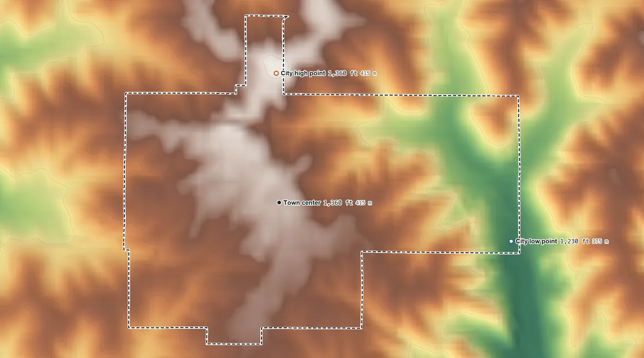 Topographic elevation map of Fontanelle, Iowa, shaded from 1,230 ft on the east side to 1,360 ft on the north side