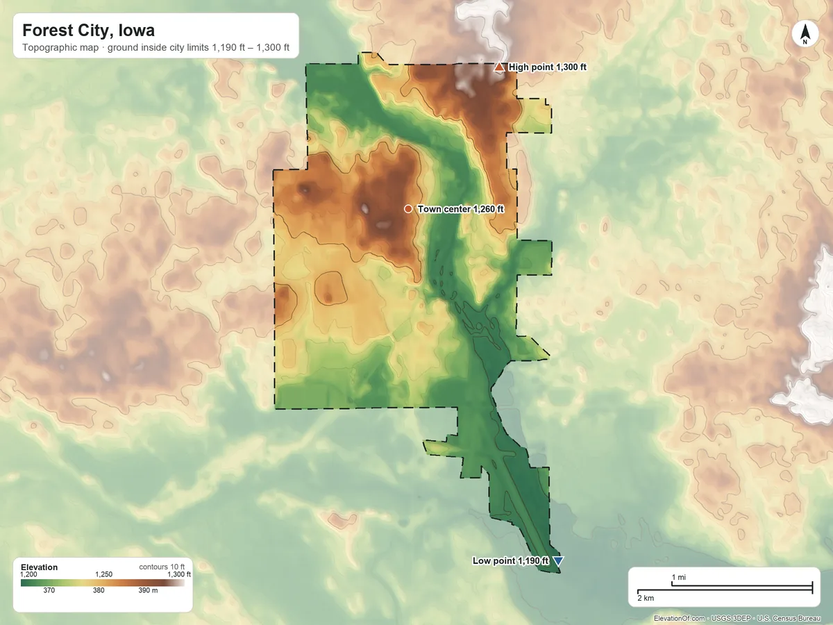 Topographic elevation map of Forest City, Iowa, shaded from 1,190 ft on the southeast side to 1,300 ft on the northeast side