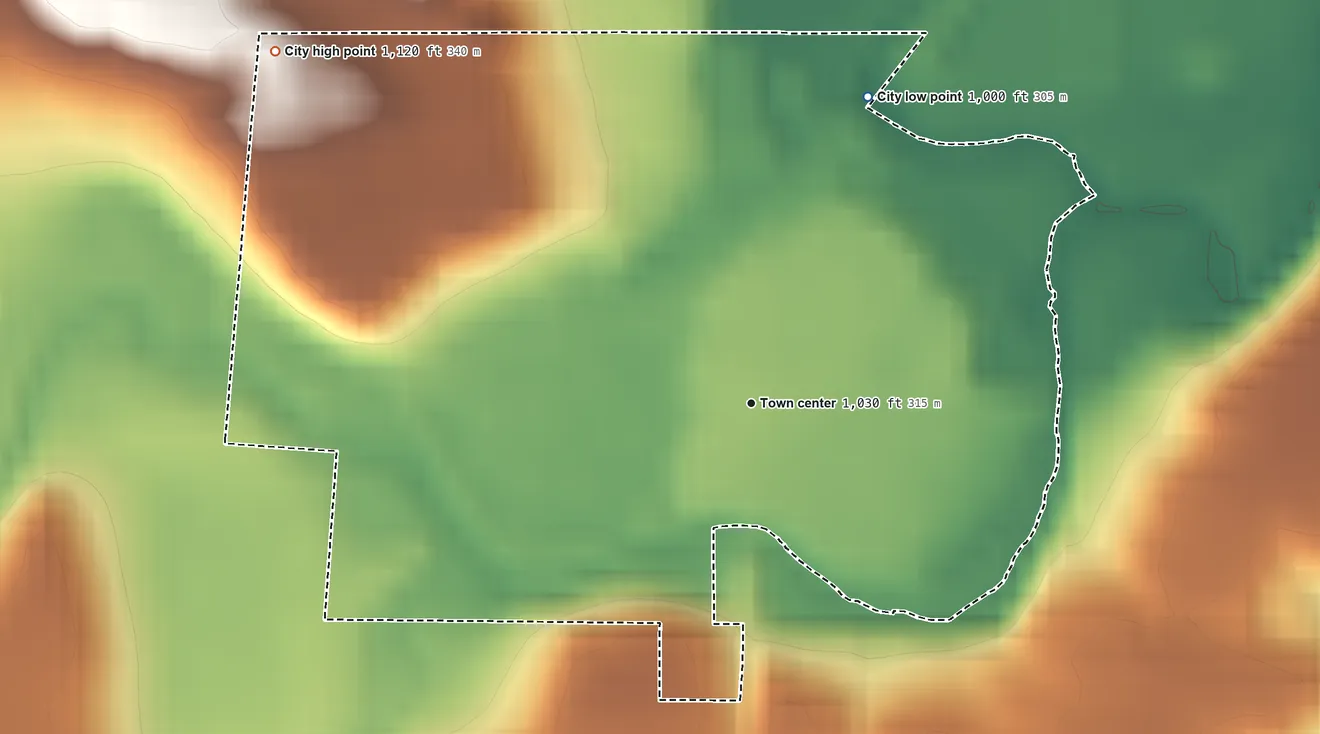 Topographic elevation map of Fort Atkinson, Iowa, shaded from 1,000 ft on the north side to 1,120 ft on the northwest side