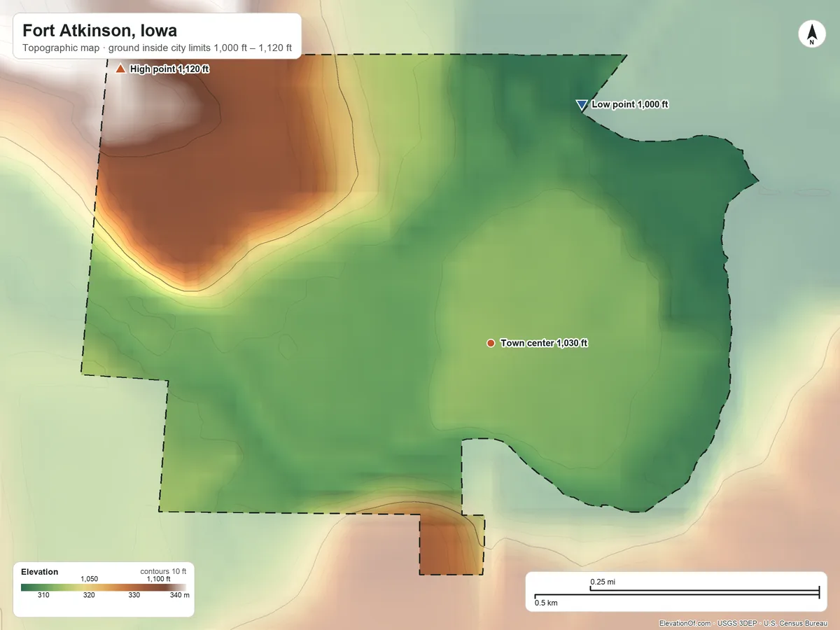 Topographic elevation map of Fort Atkinson, Iowa, shaded from 1,000 ft on the north side to 1,120 ft on the northwest side