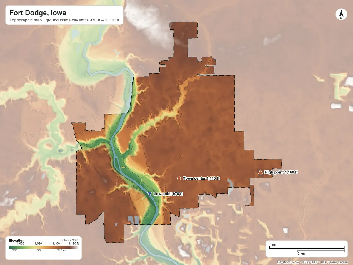 Topographic elevation map of Fort Dodge, Iowa, shaded from 970 ft on the southwest side to 1,160 ft on the east side