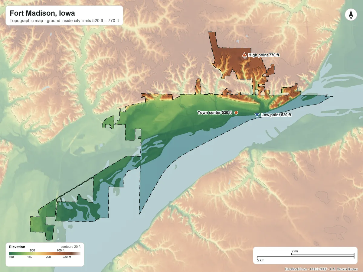 Topographic elevation map of Fort Madison, Iowa, shaded from 520 ft near the middle to 770 ft on the north side