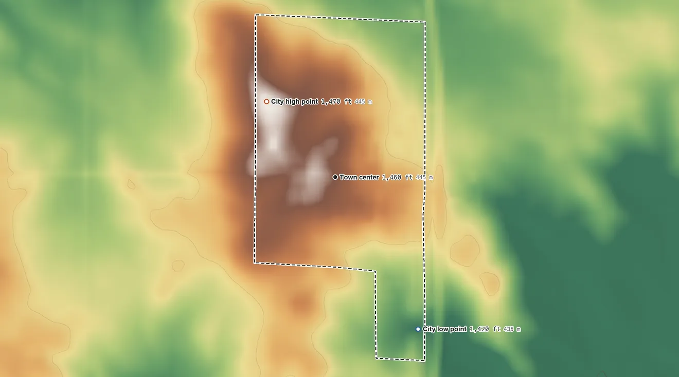 Topographic elevation map of Fostoria, Iowa, shaded from 1,420 ft on the southeast side to 1,470 ft on the northwest side