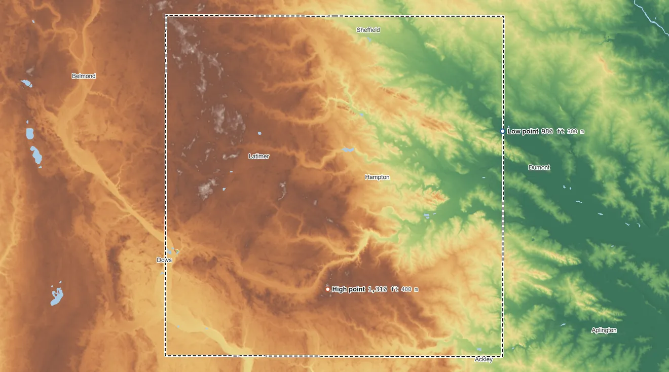Topographic elevation map of Franklin County, Iowa, shaded from 980 ft on the east side to 1,310 ft on the south side