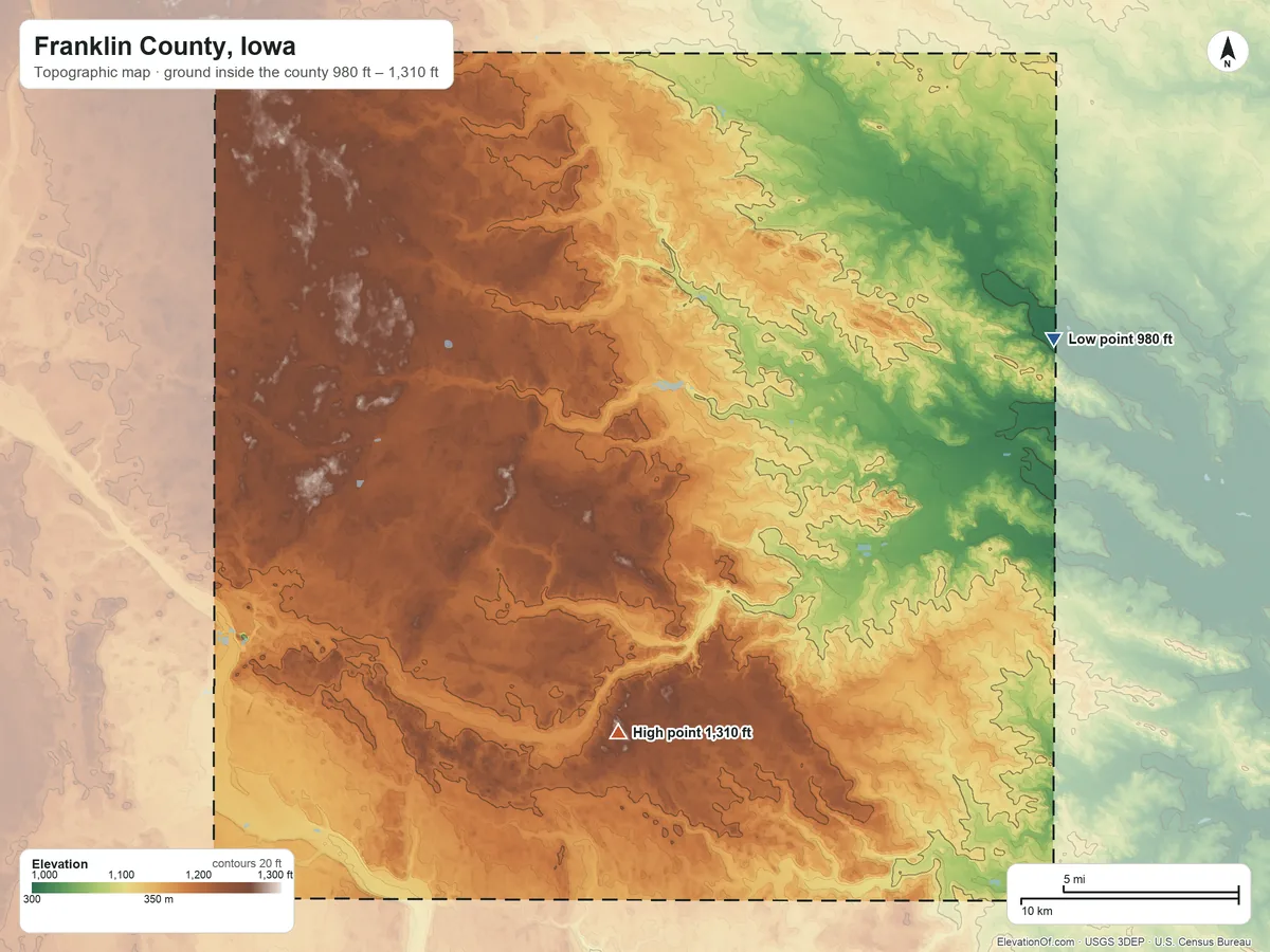Topographic elevation map of Franklin County, Iowa, shaded from 980 ft on the east side to 1,310 ft on the south side