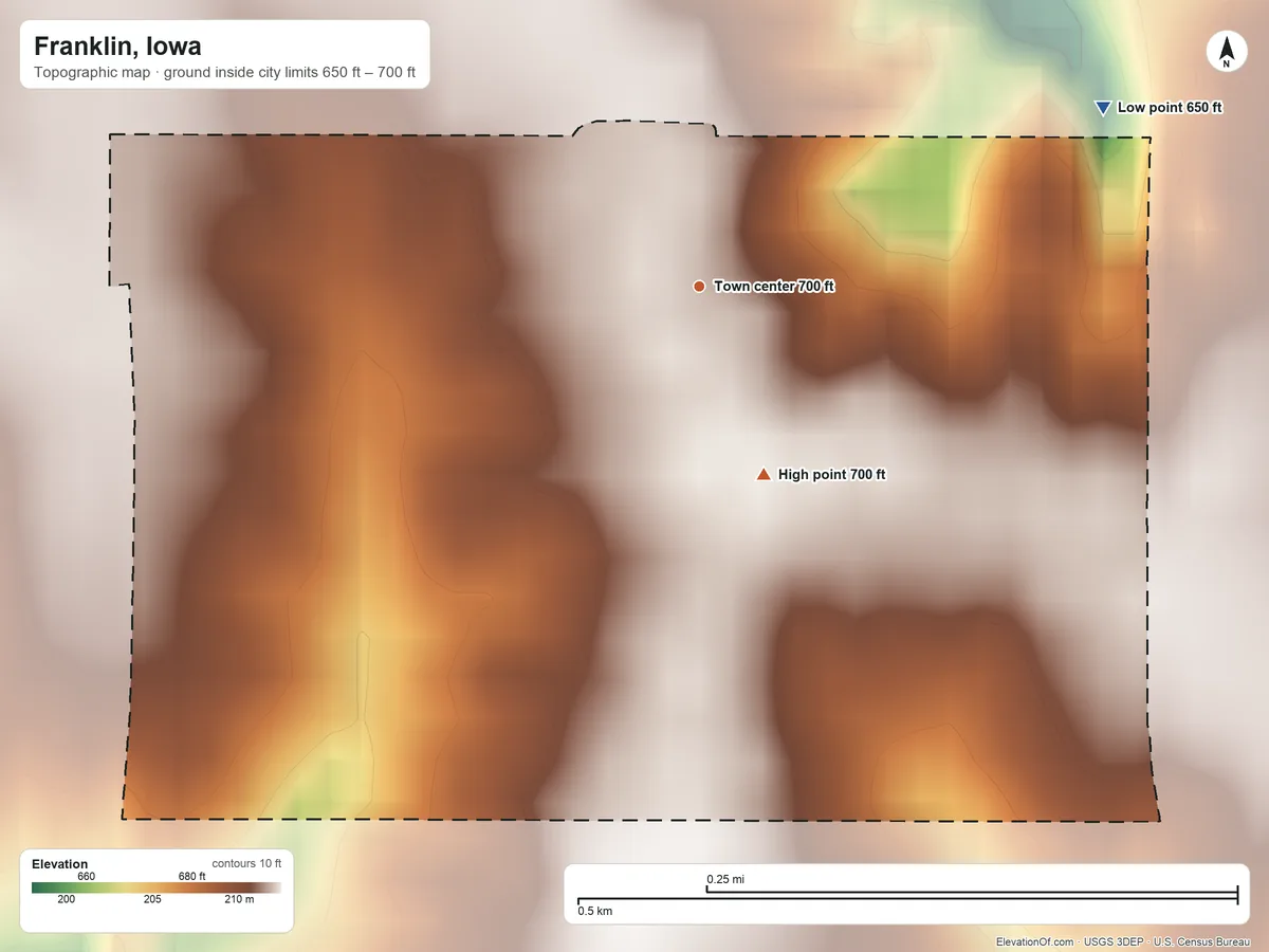 Topographic elevation map of Franklin, Iowa, shaded from 650 ft on the northeast side to 700 ft on the south side