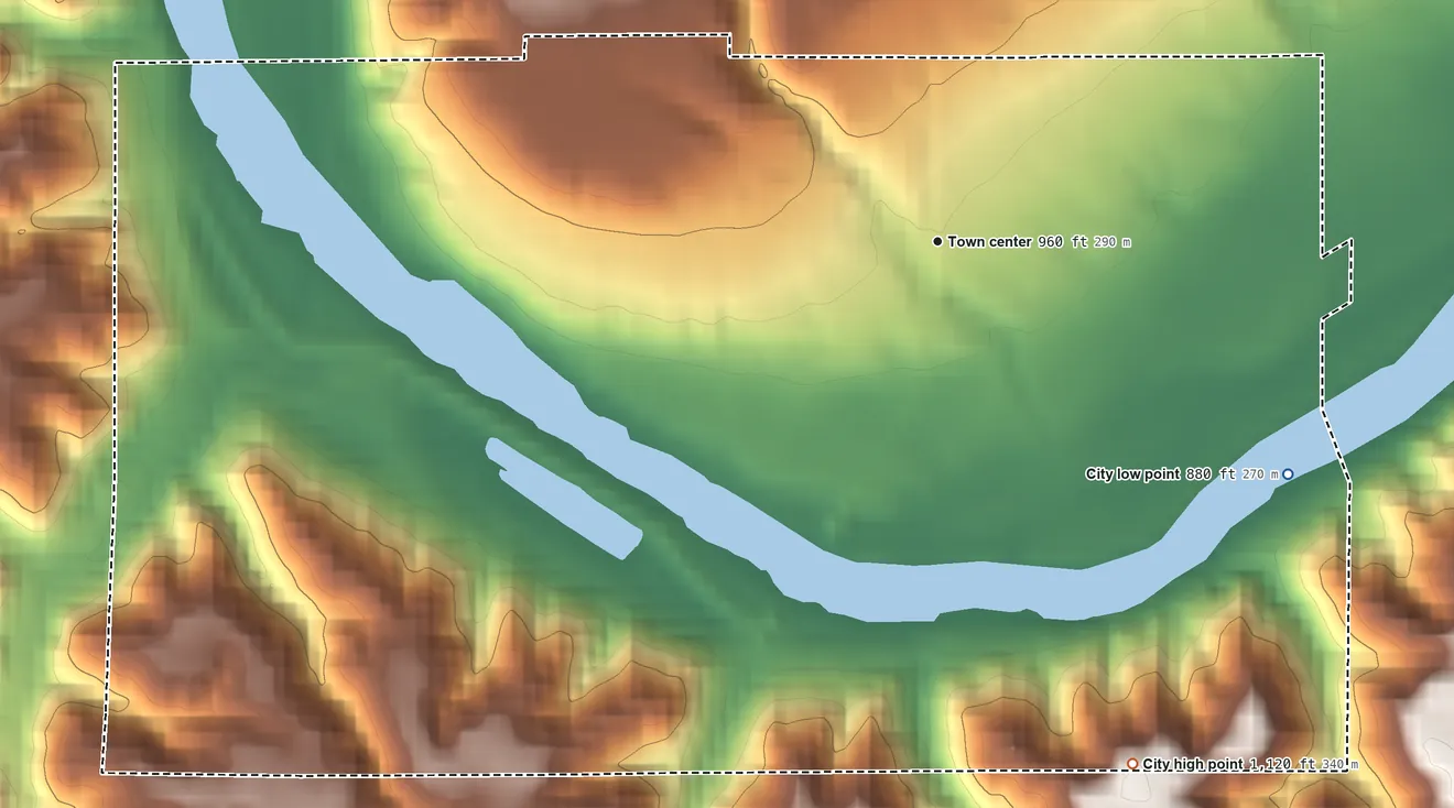 Topographic elevation map of Fraser, Iowa, shaded from 880 ft on the southeast side to 1,120 ft on the south side
