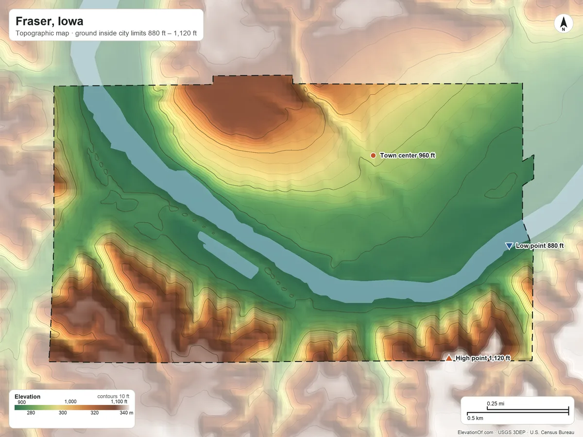Topographic elevation map of Fraser, Iowa, shaded from 880 ft on the southeast side to 1,120 ft on the south side