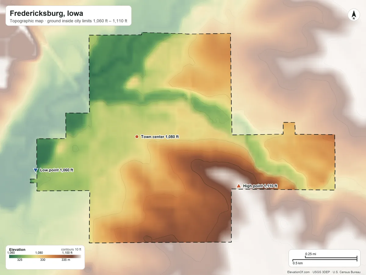 Topographic elevation map of Fredericksburg, Iowa, shaded from 1,060 ft on the west side to 1,110 ft on the southeast side