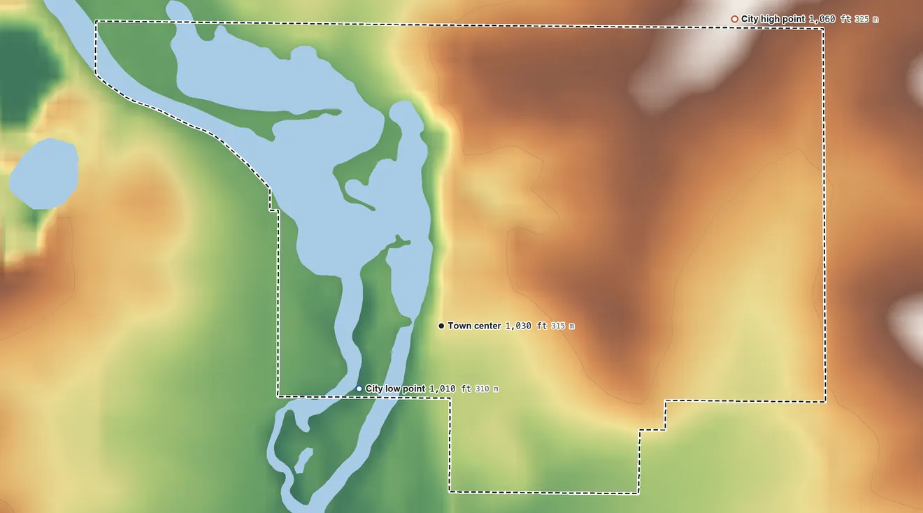 Topographic elevation map of Frederika, Iowa, shaded from 1,010 ft on the southwest side to 1,060 ft on the northeast side