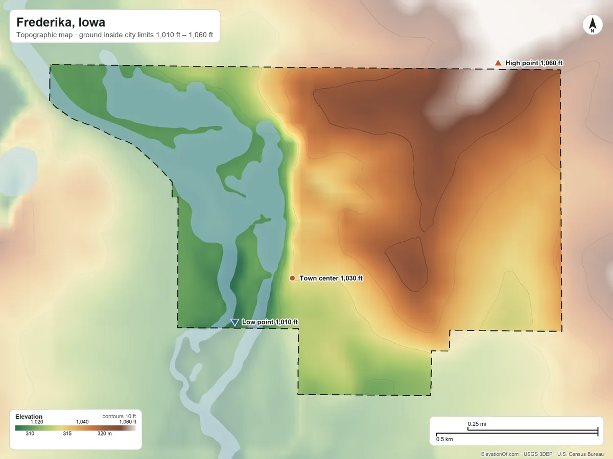 Topographic elevation map of Frederika, Iowa, shaded from 1,010 ft on the southwest side to 1,060 ft on the northeast side