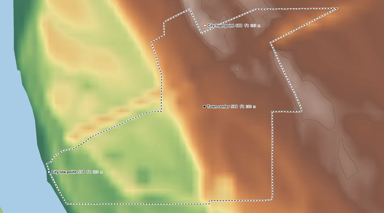 Topographic elevation map of Fredonia, Iowa, shaded from 570 ft on the southwest side to 600 ft on the north side