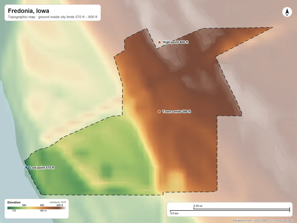 Topographic elevation map of Fredonia, Iowa, shaded from 570 ft on the southwest side to 600 ft on the north side