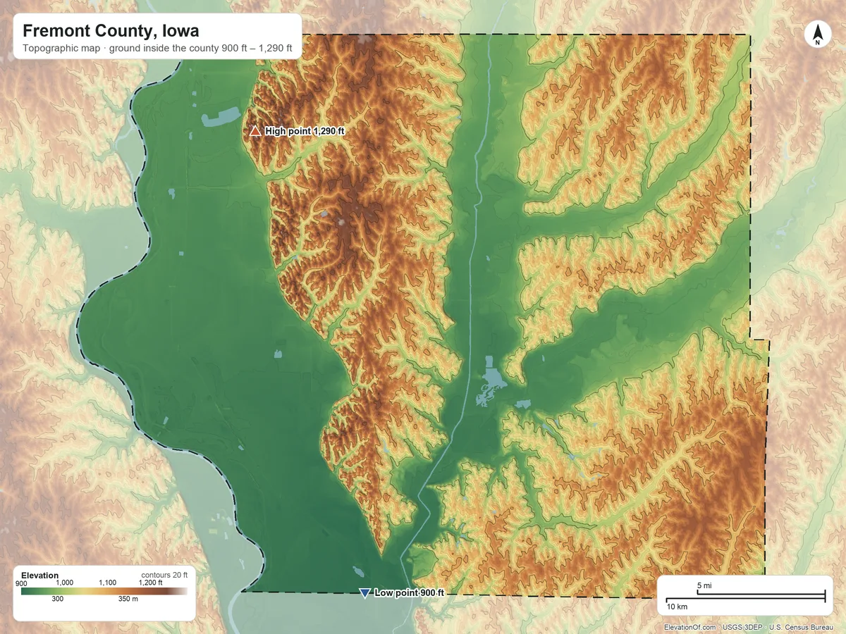 Topographic elevation map of Fremont County, Iowa, shaded from 900 ft on the south side to 1,290 ft on the northwest side
