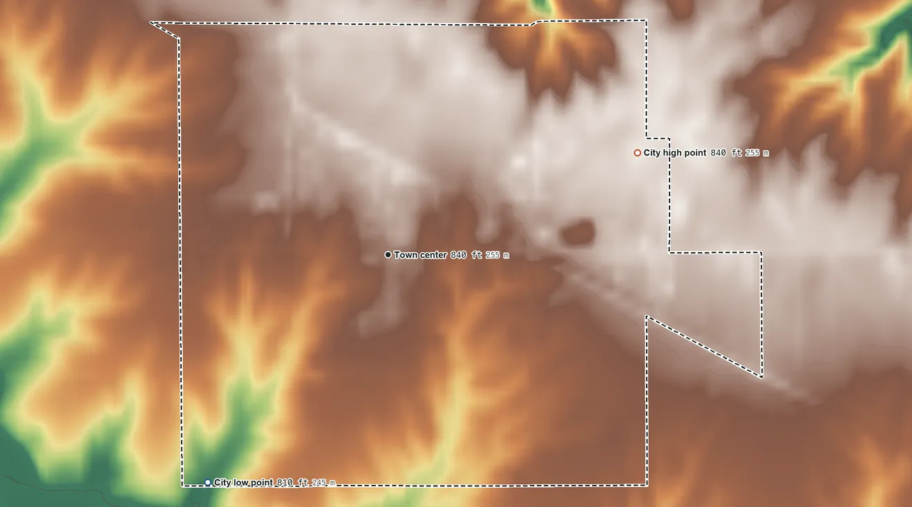Topographic elevation map of Fremont, Iowa, shaded from 810 ft on the southwest side to 840 ft on the east side