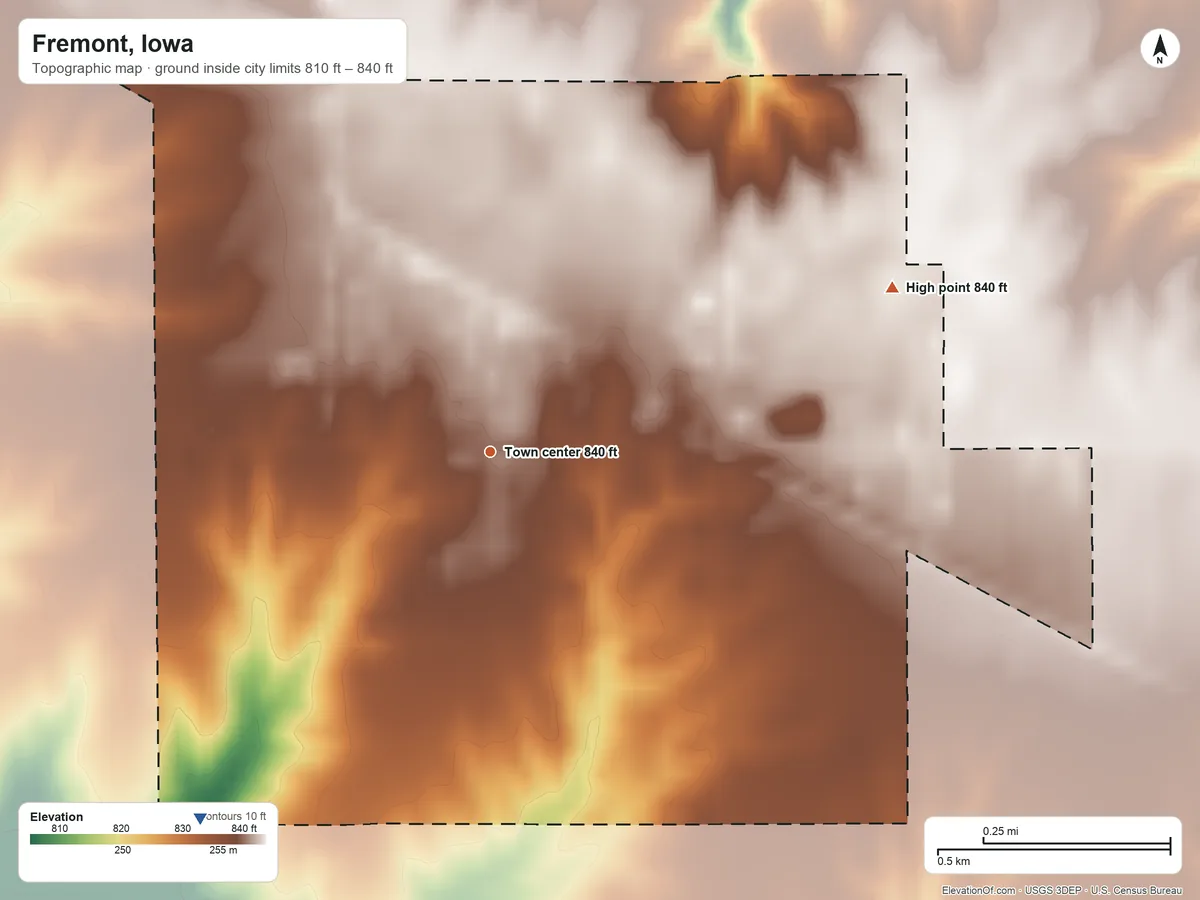Topographic elevation map of Fremont, Iowa, shaded from 810 ft on the southwest side to 840 ft on the east side