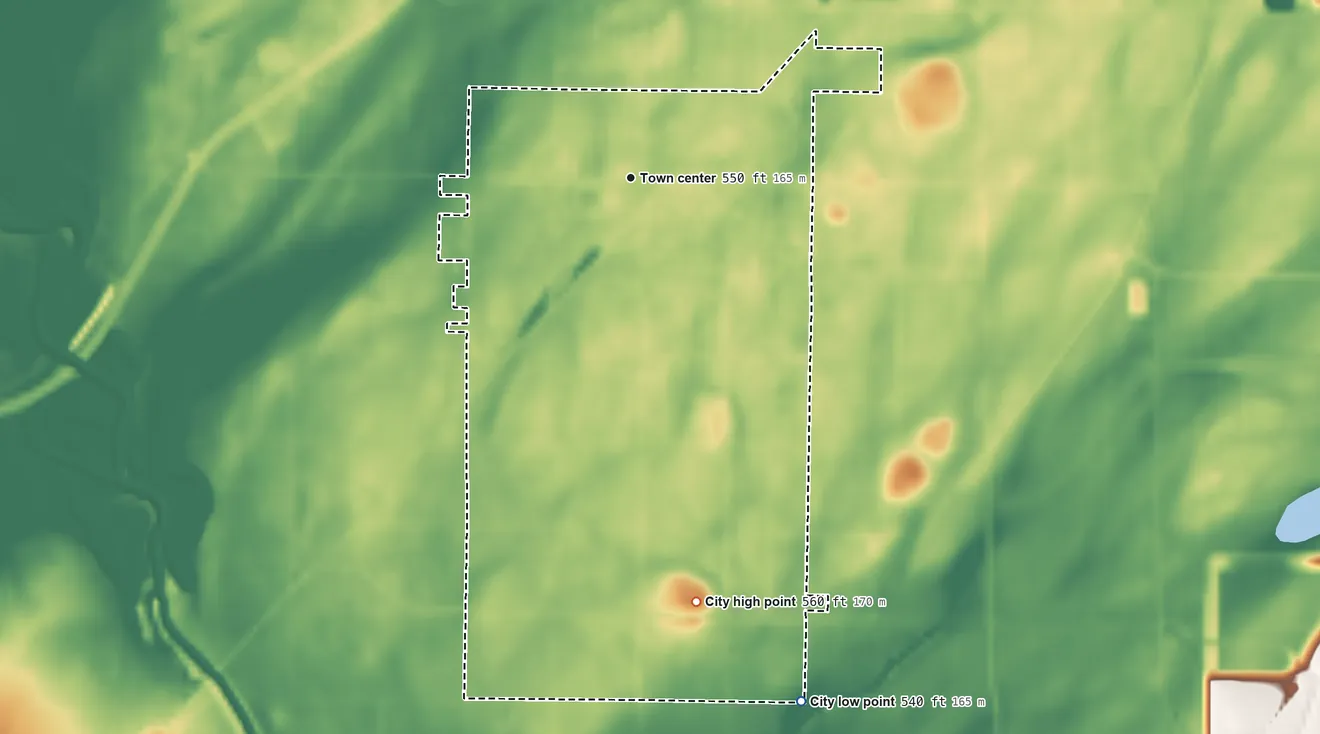 Topographic elevation map of Fruitland, Iowa, shaded from 540 ft on the south side to 560 ft on the south side