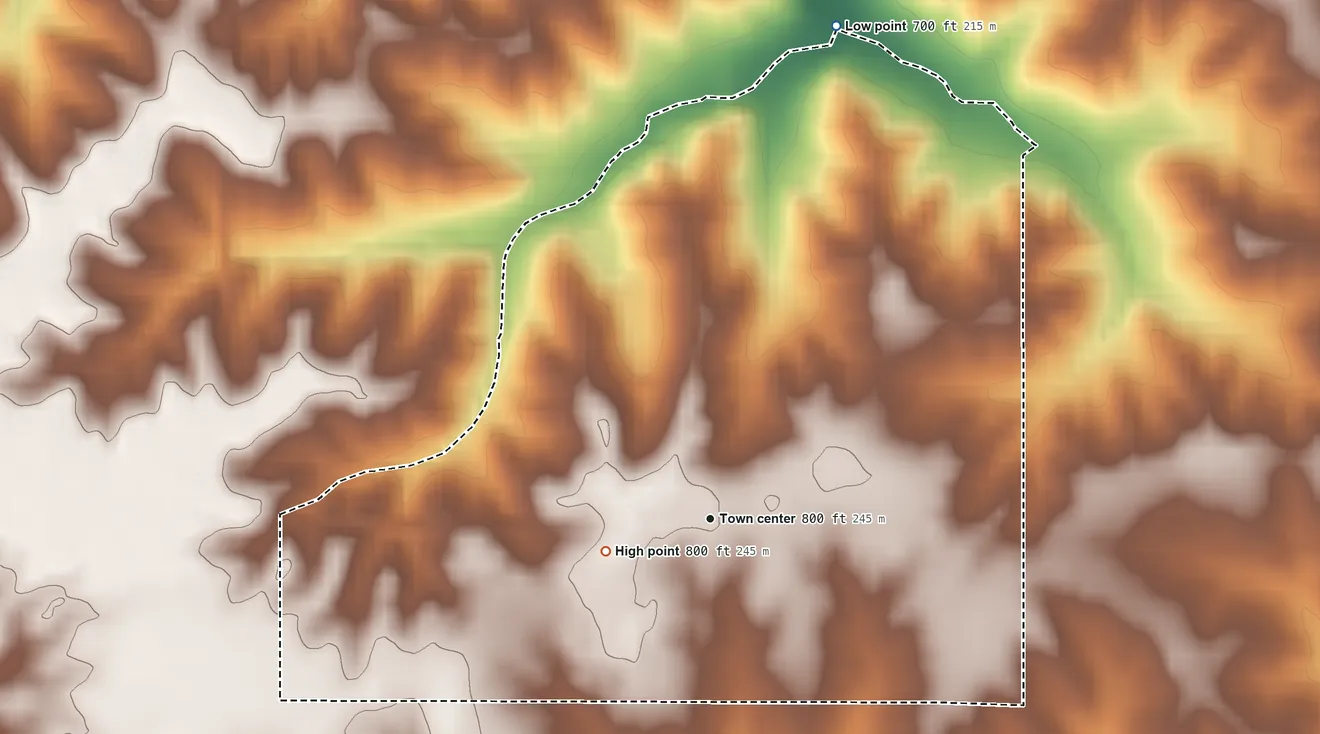 Topographic elevation map of Frytown, Iowa, shaded from 700 ft on the north side to 800 ft on the west side