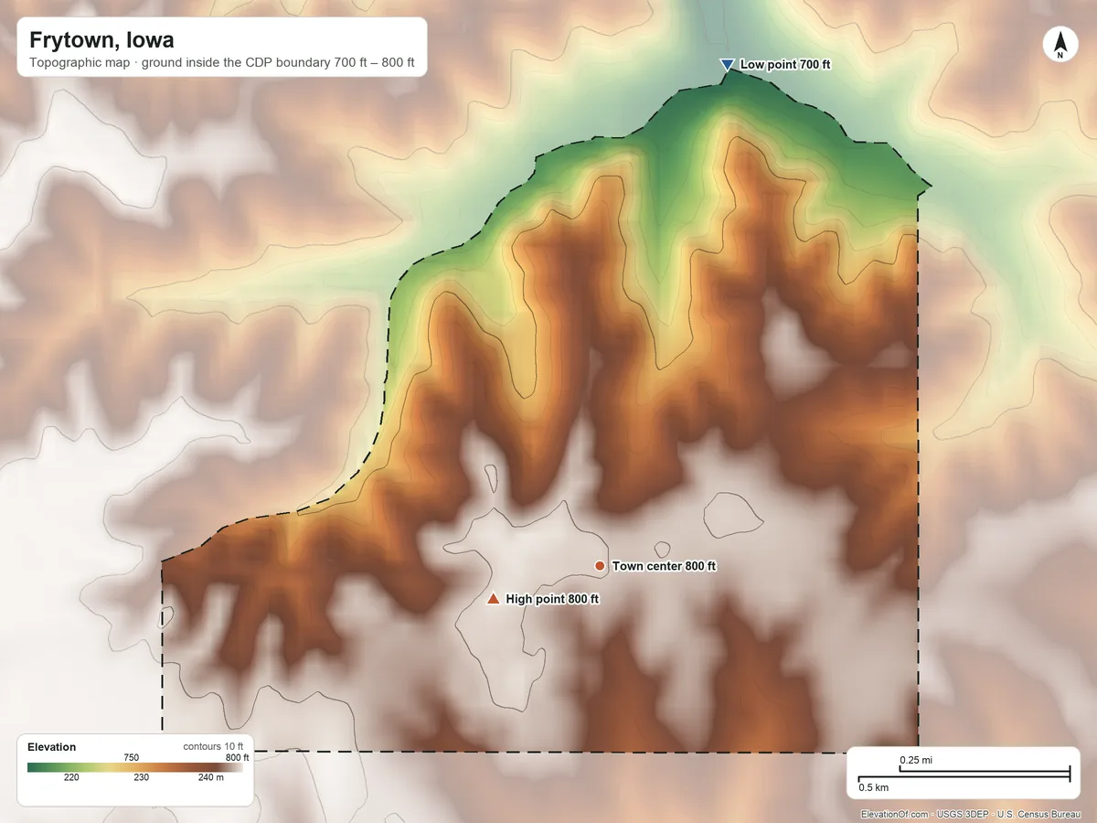 Topographic elevation map of Frytown, Iowa, shaded from 700 ft on the north side to 800 ft on the west side